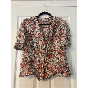 Good Times Vintage 80s 90s Pink Floral Button-Front Puff Sleeve Blouse